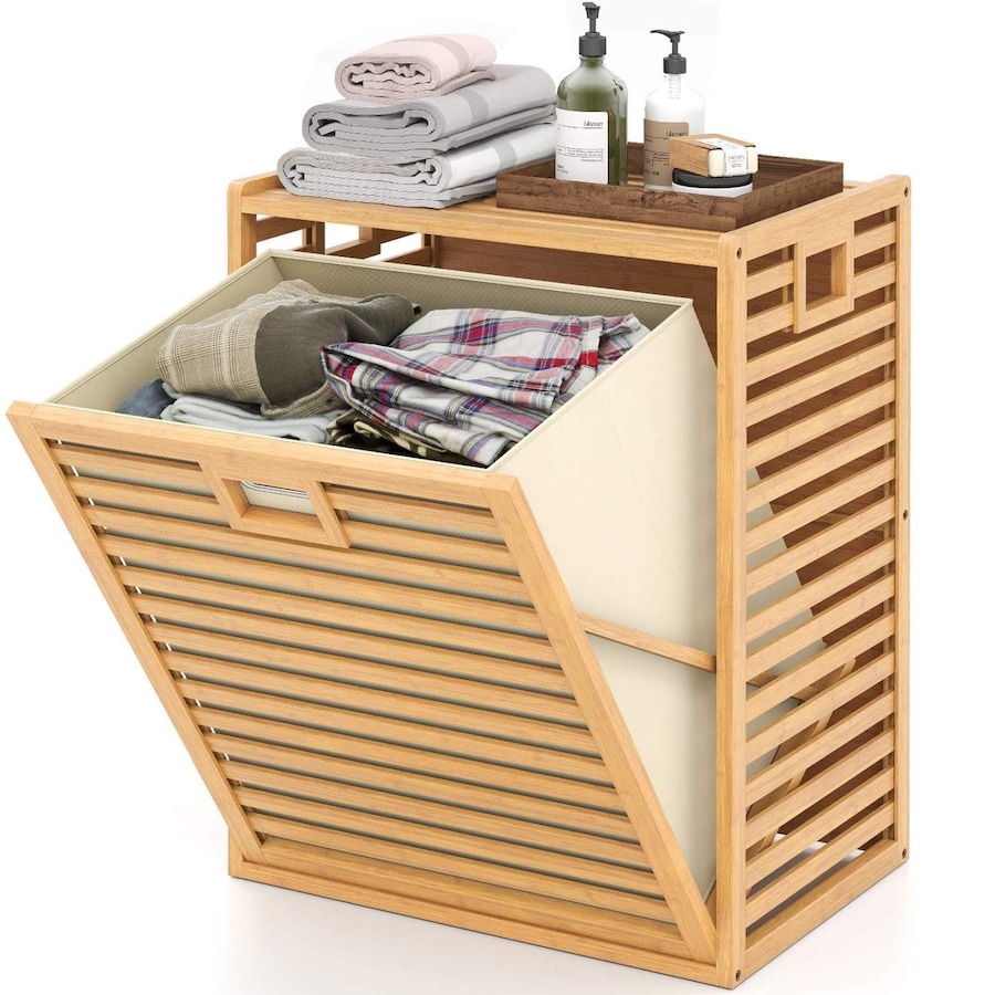 Costway 68 L Bamboo Laundry Hamper w/Removable Bin Tilt-Out Design & Top Shelf Natural