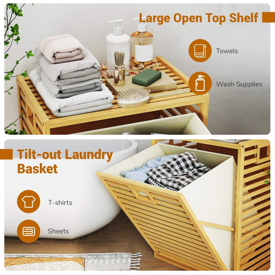 Costway 68 L Bamboo Laundry Hamper w/Removable Bin Tilt-Out Design & Top Shelf Natural