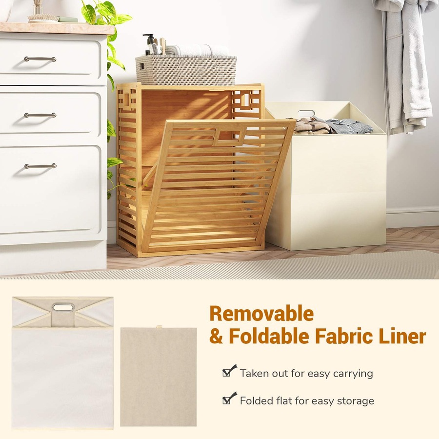 Costway 68 L Bamboo Laundry Hamper w/Removable Bin Tilt-Out Design & Top Shelf Natural