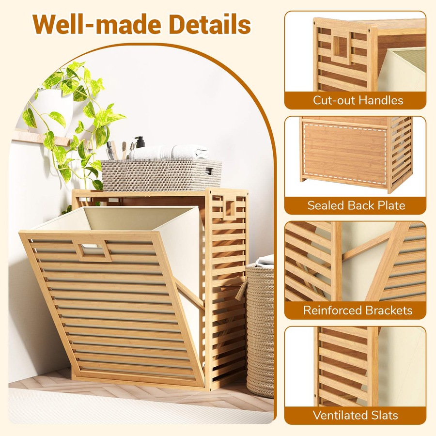 Costway 68 L Bamboo Laundry Hamper w/Removable Bin Tilt-Out Design & Top Shelf Natural