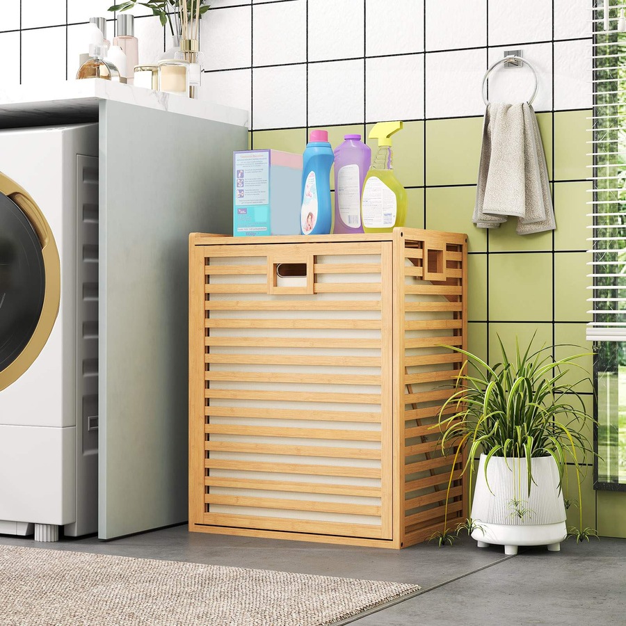 Costway 68 L Bamboo Laundry Hamper w/Removable Bin Tilt-Out Design & Top Shelf Natural