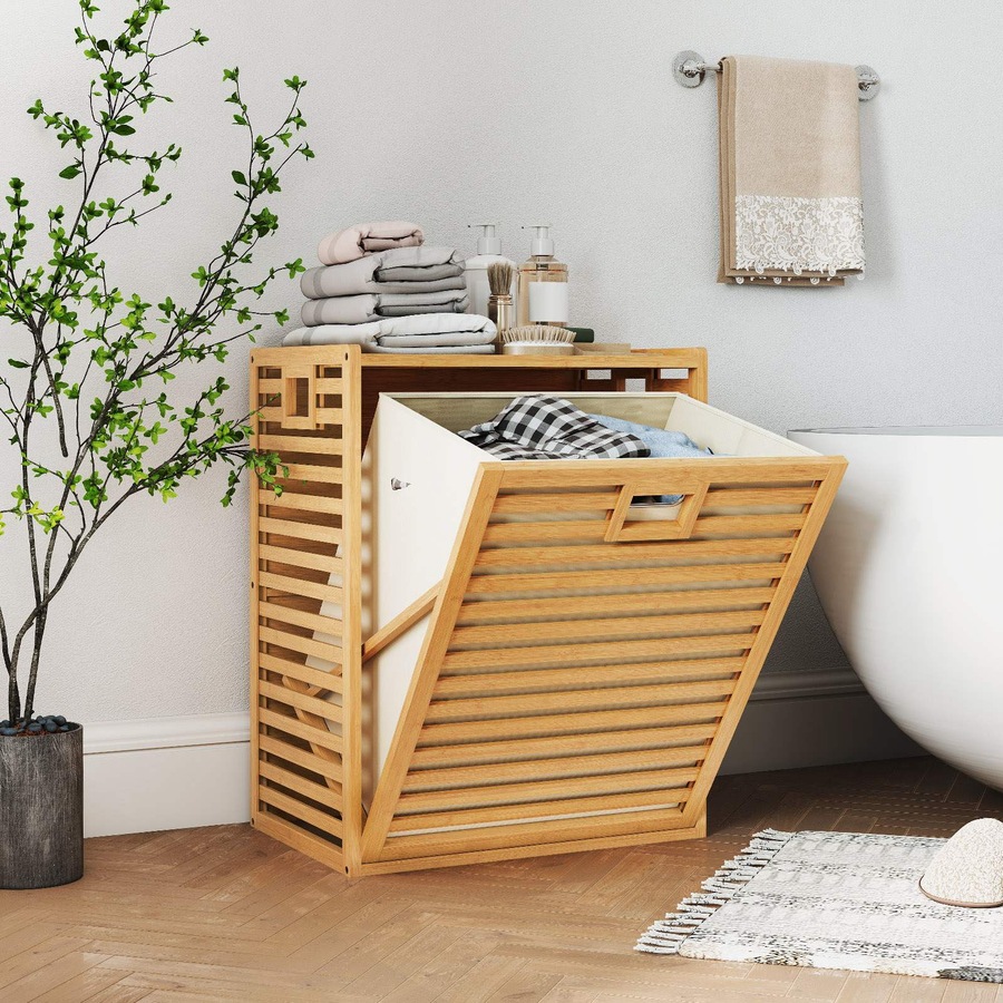 Costway 68 L Bamboo Laundry Hamper w/Removable Bin Tilt-Out Design & Top Shelf Natural