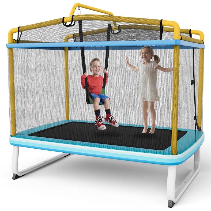 Costway 3-in-1 Trampoline/Swing/Horizontal Bar w/Enclosure Security Net Pad Indoor Outdoor Jumping Fun Yellow