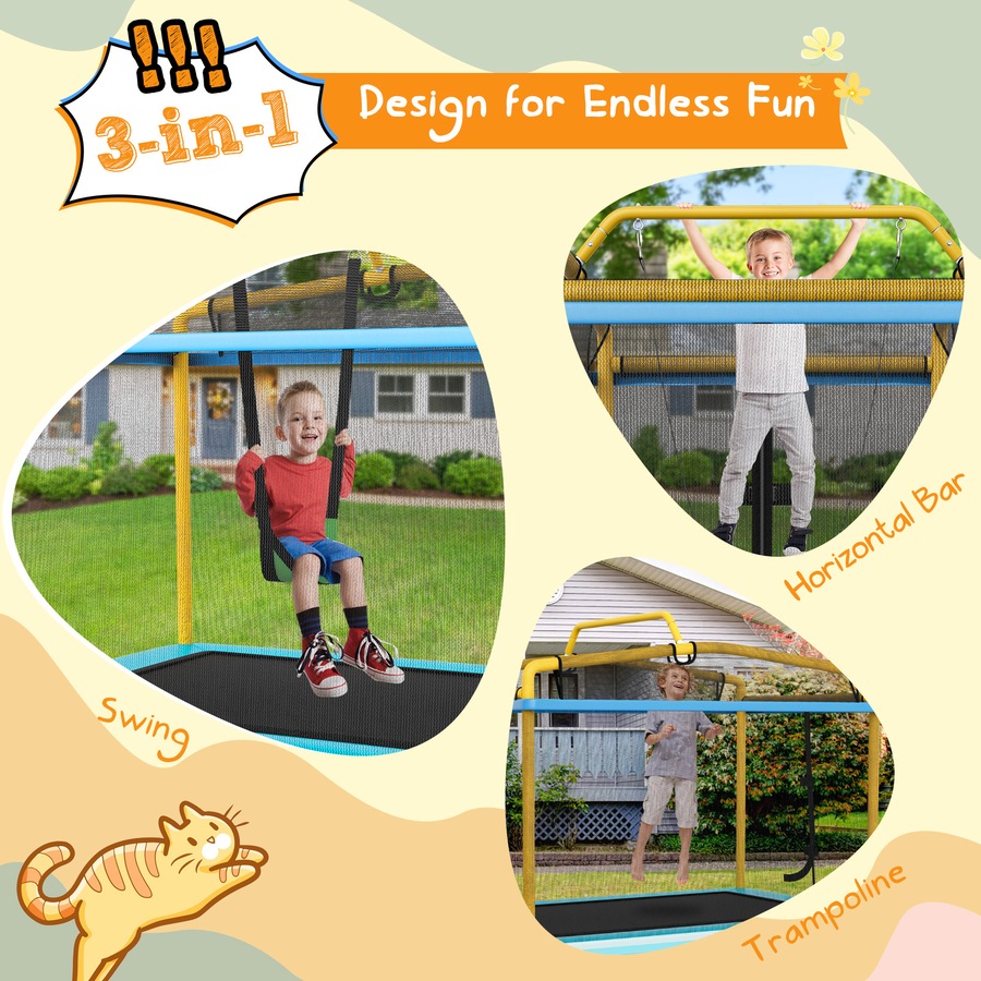 Costway 3-in-1 Trampoline/Swing/Horizontal Bar w/Enclosure Security Net Pad Indoor Outdoor Jumping Fun Yellow