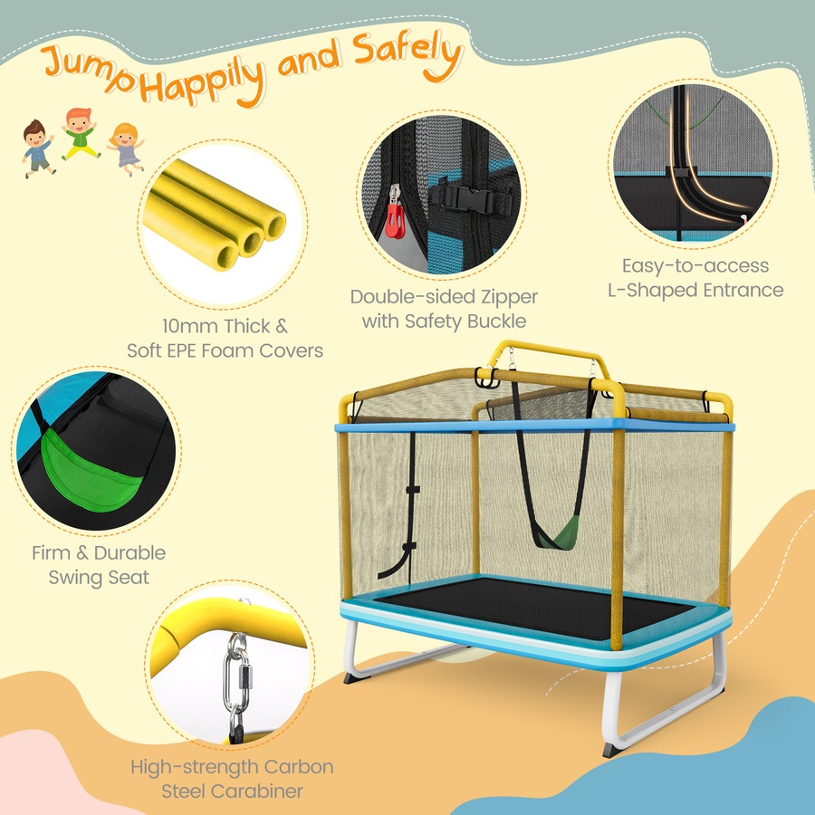 Costway 3-in-1 Trampoline/Swing/Horizontal Bar w/Enclosure Security Net Pad Indoor Outdoor Jumping Fun Yellow