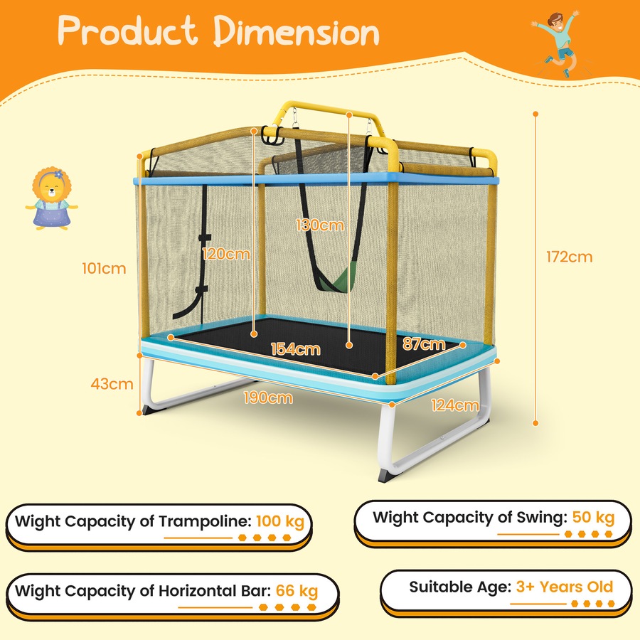 Costway 3-in-1 Trampoline/Swing/Horizontal Bar w/Enclosure Security Net Pad Indoor Outdoor Jumping Fun Yellow