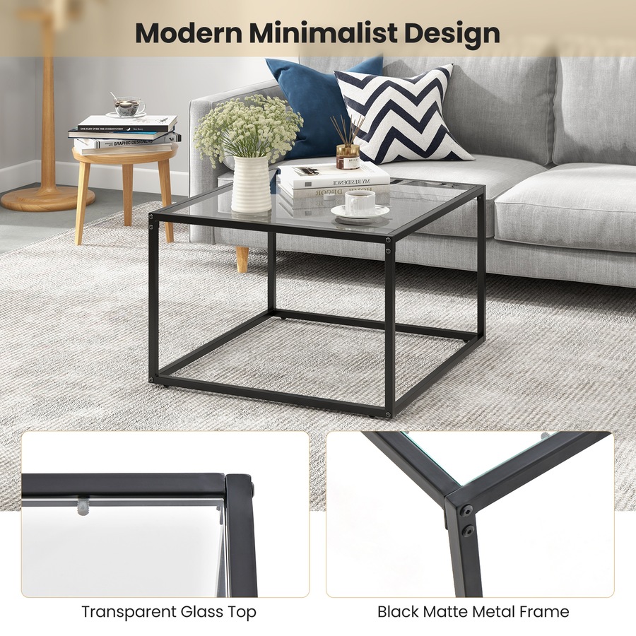 Costway 70 CM Square Coffee Table Tempered Glass Tabletop Modern Furniture Living Room Home Office
