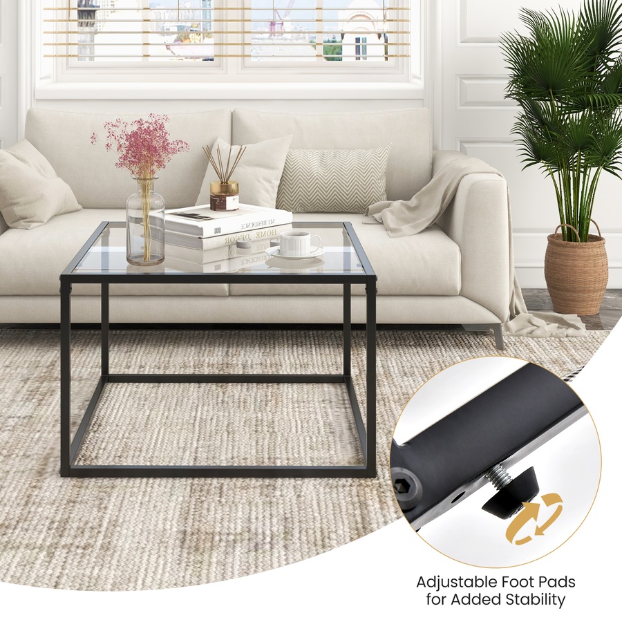 Costway 70 CM Square Coffee Table Tempered Glass Tabletop Modern Furniture Living Room Home Office