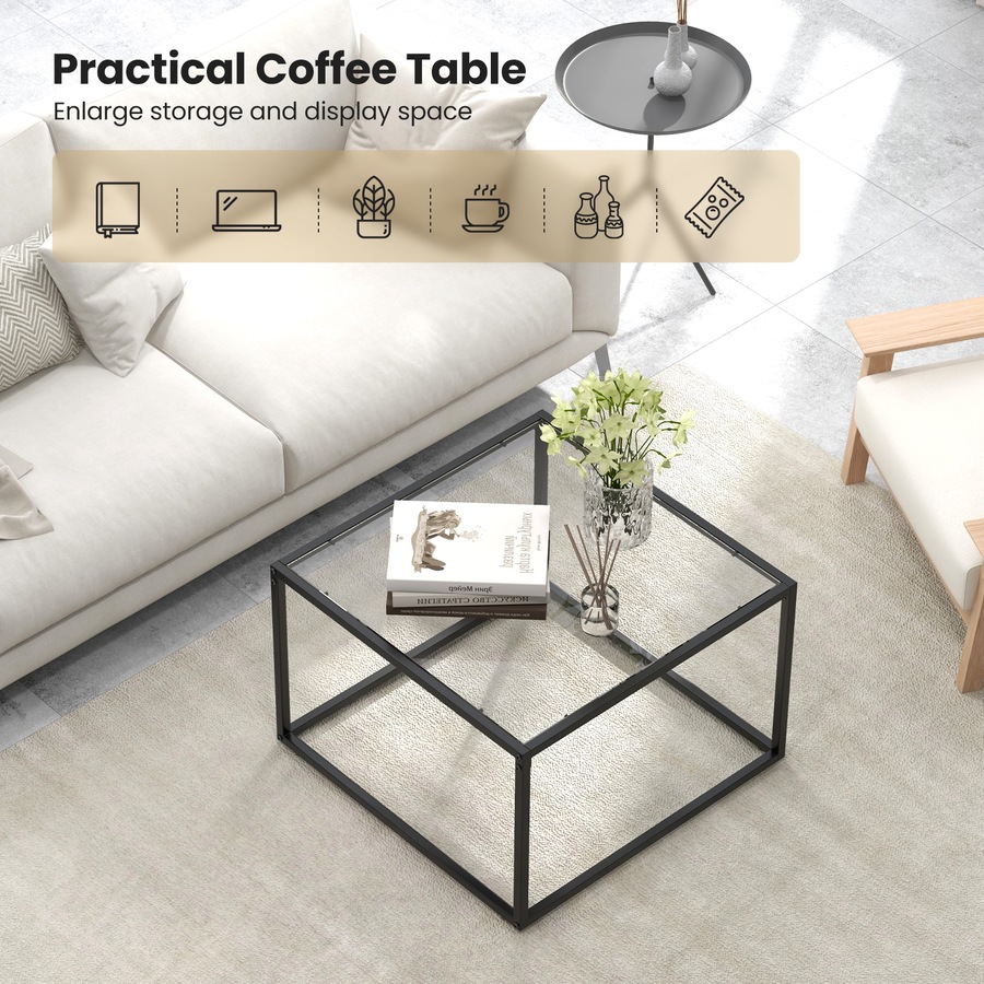 Costway 70 CM Square Coffee Table Tempered Glass Tabletop Modern Furniture Living Room Home Office
