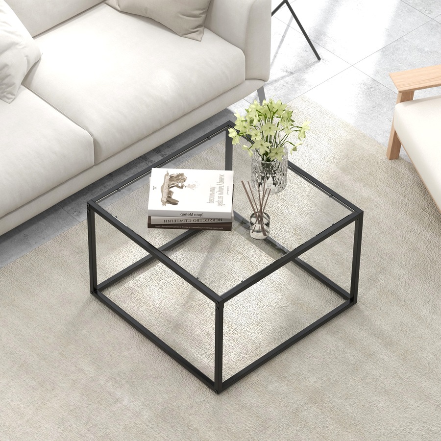 Costway 70 CM Square Coffee Table Tempered Glass Tabletop Modern Furniture Living Room Home Office