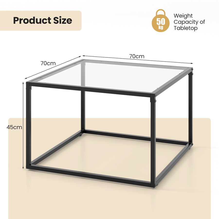 Costway 70 CM Square Coffee Table Tempered Glass Tabletop Modern Furniture Living Room Home Office