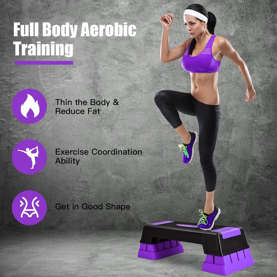 Costway Adjustable Aerobic Stepper Riser Workout Fitness Platform w/Non-slip Foot Pads Home Gym Purple