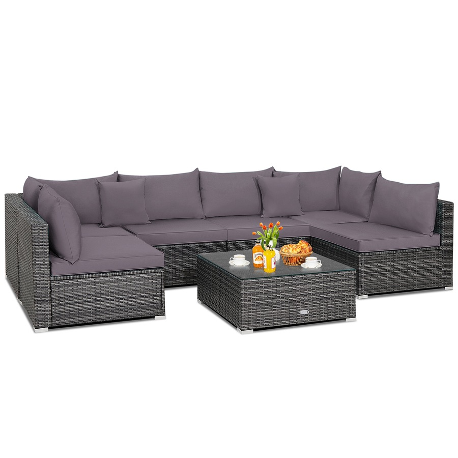 Costway 7PCS Patio Furniture Outdoor Rattan Sofa Set Lounge Setting w/Cushions Glass Table Garden Backyard Grey