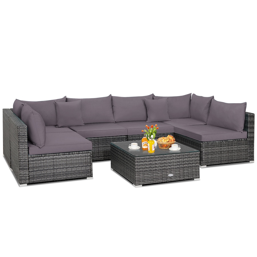 Costway 7PCS Patio Furniture Outdoor Rattan Sofa Set Lounge Setting w/Cushions Glass Table Garden Backyard Grey