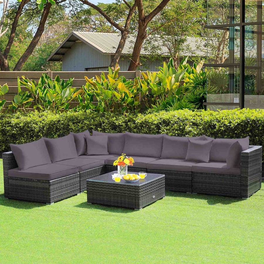 Costway 7PCS Patio Furniture Outdoor Rattan Sofa Set Lounge Setting w/Cushions Glass Table Garden Backyard Grey