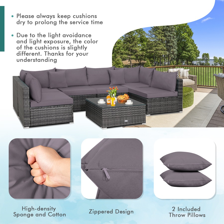 Costway 7PCS Patio Furniture Outdoor Rattan Sofa Set Lounge Setting w/Cushions Glass Table Garden Backyard Grey