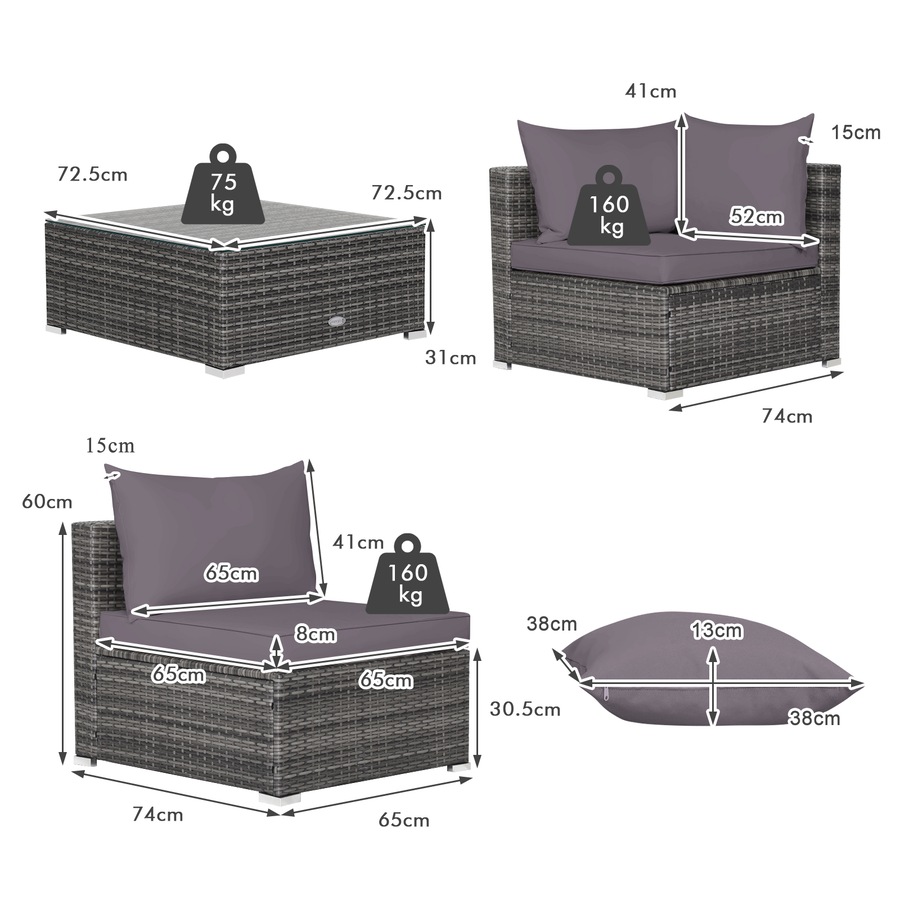 Costway 7PCS Patio Furniture Outdoor Rattan Sofa Set Lounge Setting w/Cushions Glass Table Garden Backyard Grey