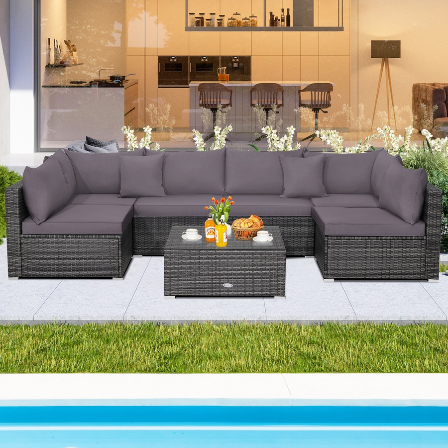 Costway 7PCS Patio Furniture Outdoor Rattan Sofa Set Lounge Setting w/Cushions Glass Table Garden Backyard Grey