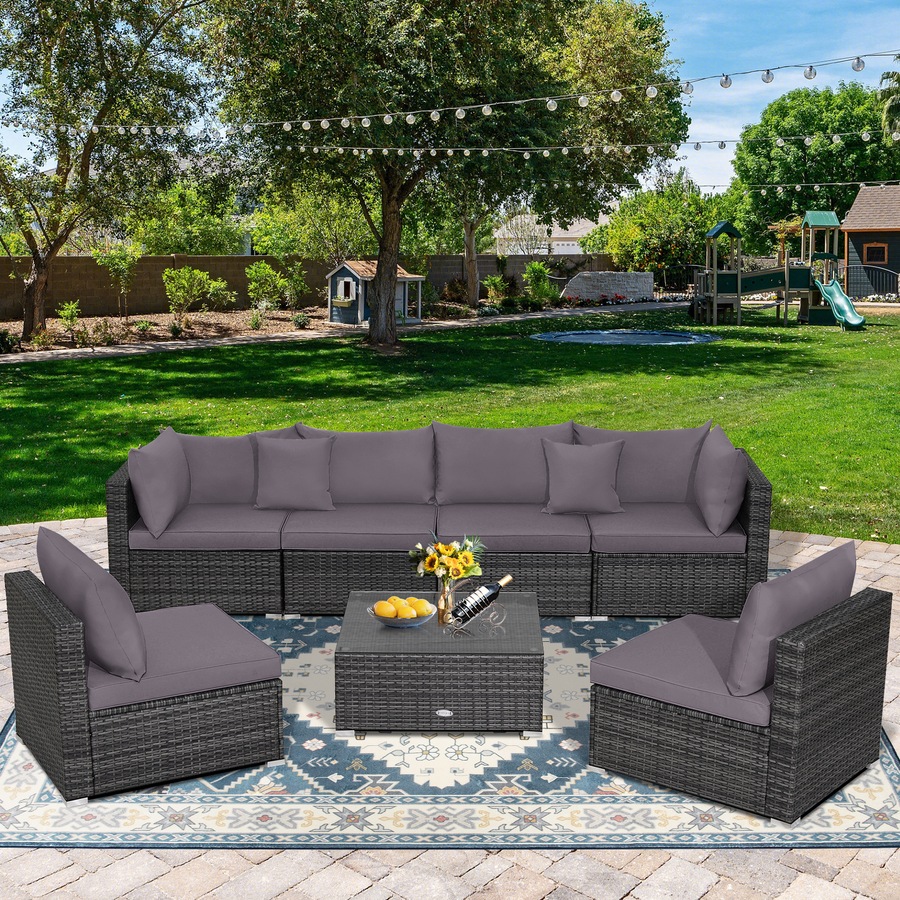 Costway 7PCS Patio Furniture Outdoor Rattan Sofa Set Lounge Setting w/Cushions Glass Table Garden Backyard Grey