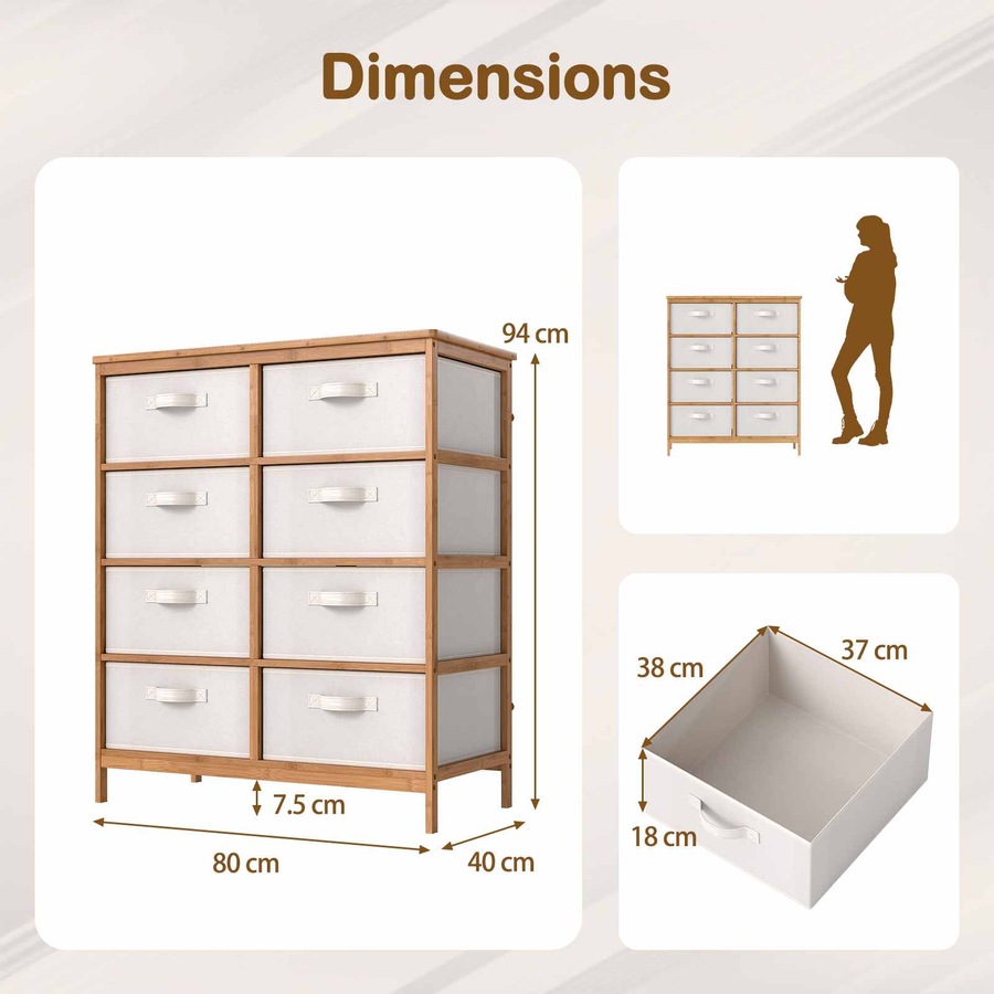 Costway 8-Drawer Dresser Bamboo Chest of Drawers Modern Storage Tower Tallboy Console Table Closet Organizer Unit