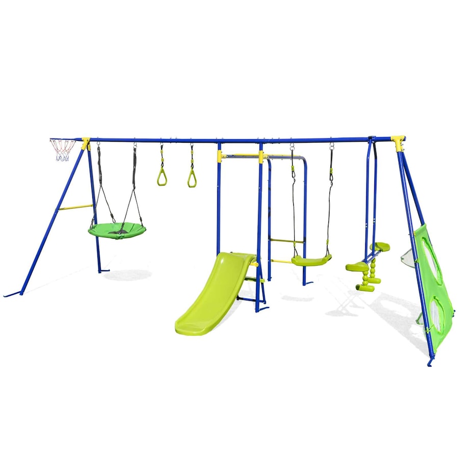 Costway 8-in-1 Outdoor Swing Set Playground Metal Frame Swing Stand Glider Gym Ring Slide Playset Backyard Play Equipment 300KG