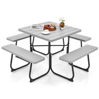 Costway 8-person Picnic Dining Table Outdoor Beer Bench Set Garden Furniture All Weather w/Umbrella Hole Party Backyard Grey