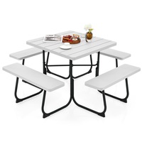 Costway 8-person Picnic Dining Table Outdoor Beer Bench Set Garden Furniture All Weather w/Umbrella Hole Party Backyard White