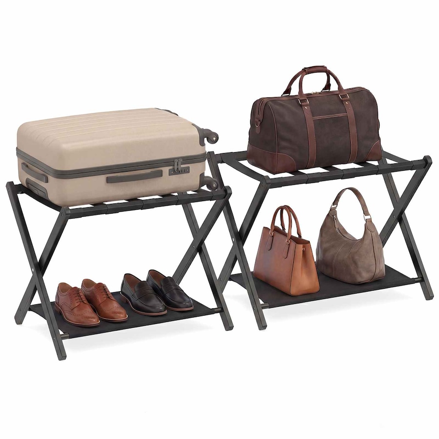 Costway Bamboo Luggage Rack Set 2x Folding Suitcase Stand Holder Nylon Strap Oxford Cloth Storage Shelves Hotel Black