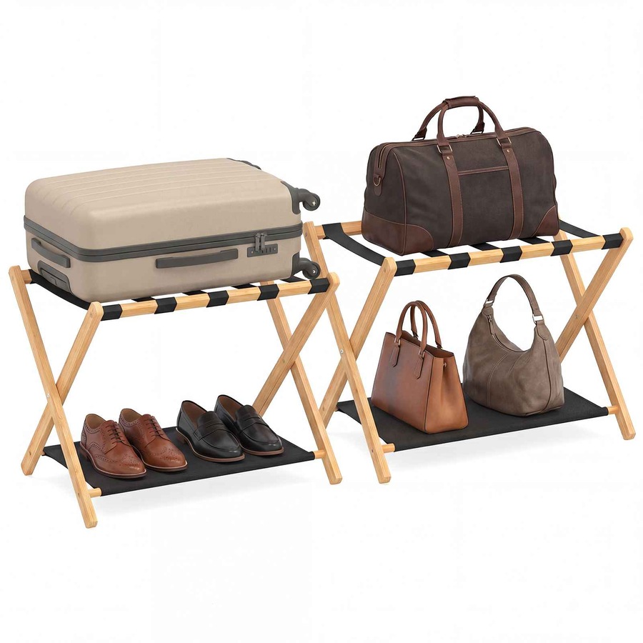 Costway Bamboo Luggage Rack Set 2x Folding Suitcase Stand Holder Nylon Strap Oxford Cloth Storage Shelf Hotel Natural