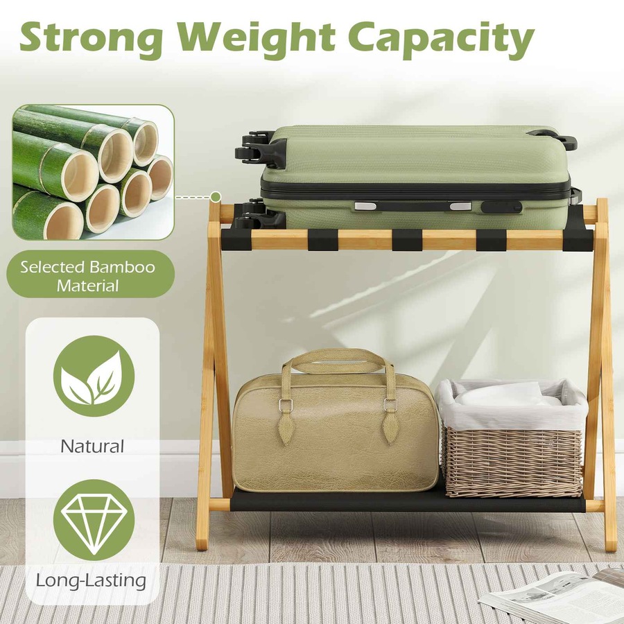 Costway Bamboo Luggage Rack Set 2x Folding Suitcase Stand Holder Nylon Strap Oxford Cloth Storage Shelf Hotel Natural