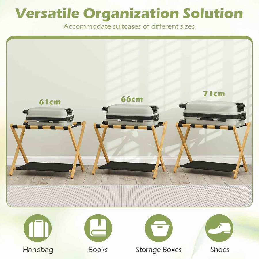 Costway Bamboo Luggage Rack Set 2x Folding Suitcase Stand Holder Nylon Strap Oxford Cloth Storage Shelf Hotel Natural