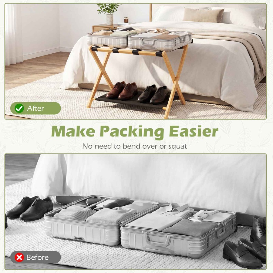 Costway Bamboo Luggage Rack Set 2x Folding Suitcase Stand Holder Nylon Strap Oxford Cloth Storage Shelf Hotel Natural
