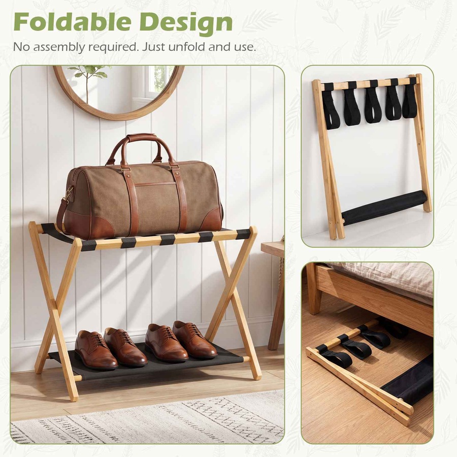 Costway Bamboo Luggage Rack Set 2x Folding Suitcase Stand Holder Nylon Strap Oxford Cloth Storage Shelf Hotel Natural