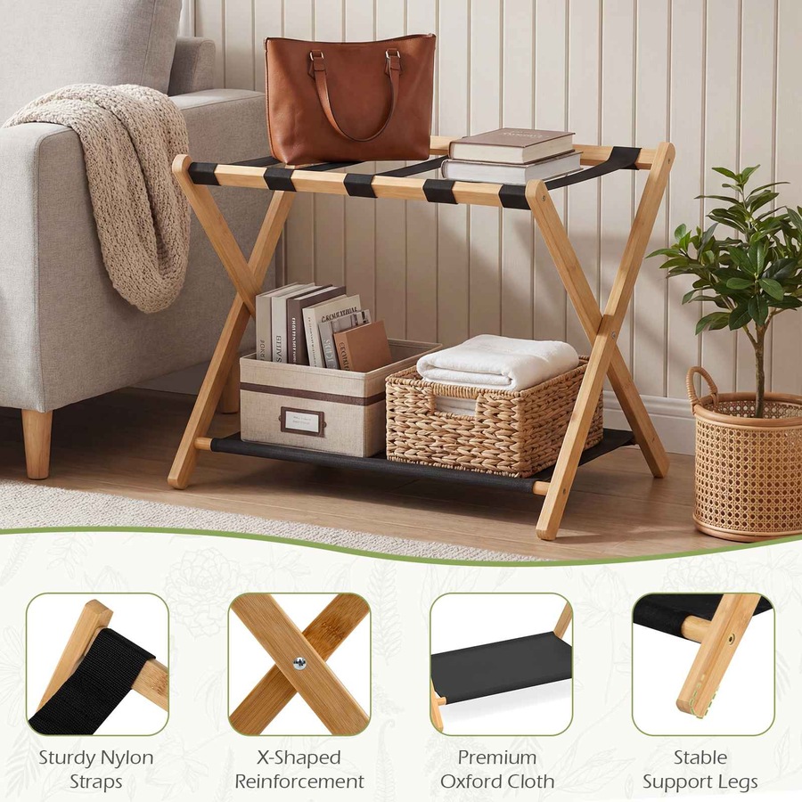 Costway Bamboo Luggage Rack Set 2x Folding Suitcase Stand Holder Nylon Strap Oxford Cloth Storage Shelf Hotel Natural