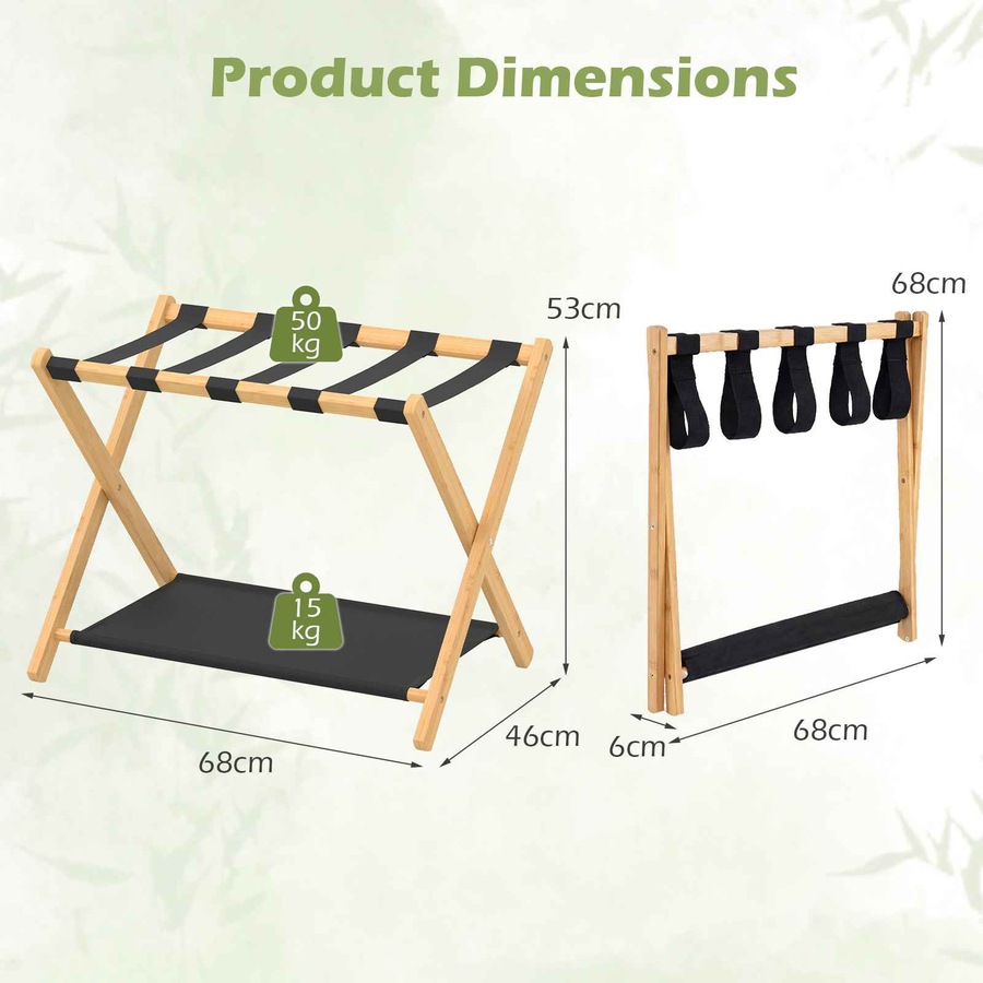 Costway Bamboo Luggage Rack Set 2x Folding Suitcase Stand Holder Nylon Strap Oxford Cloth Storage Shelf Hotel Natural