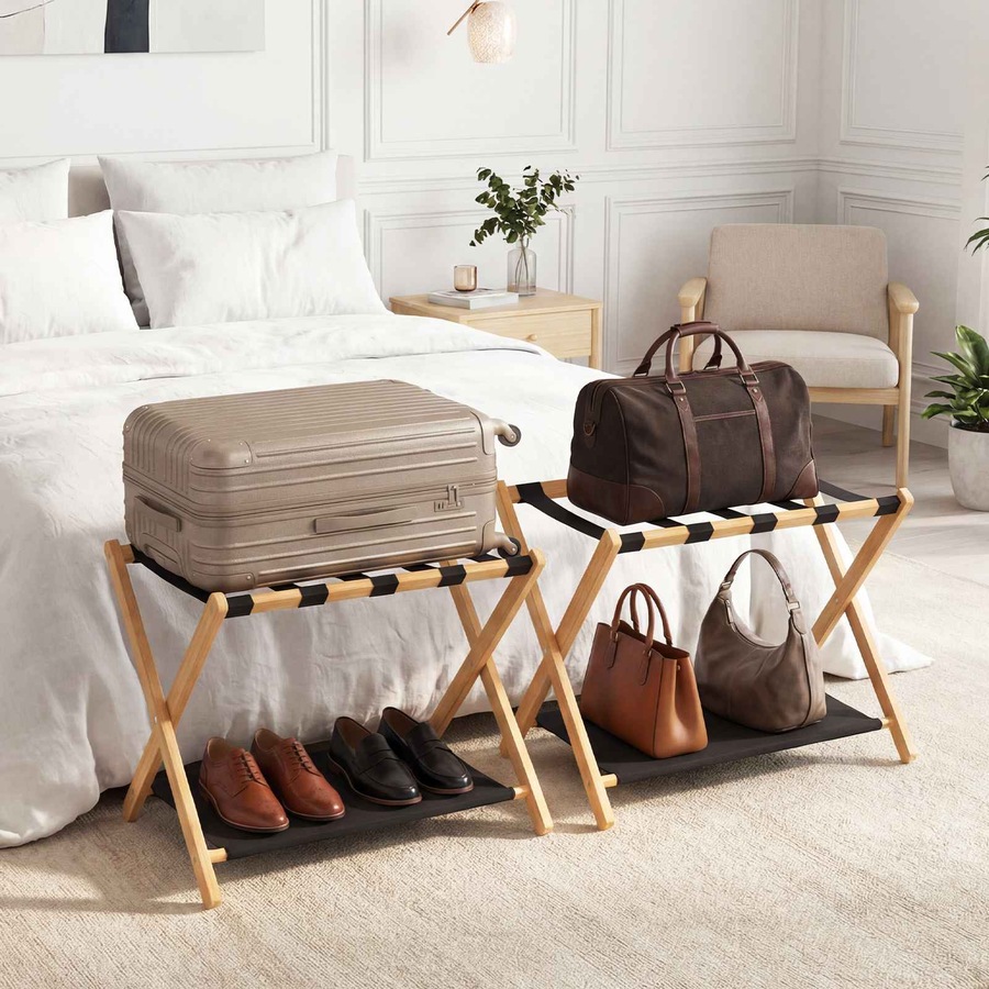 Costway Bamboo Luggage Rack Set 2x Folding Suitcase Stand Holder Nylon Strap Oxford Cloth Storage Shelf Hotel Natural