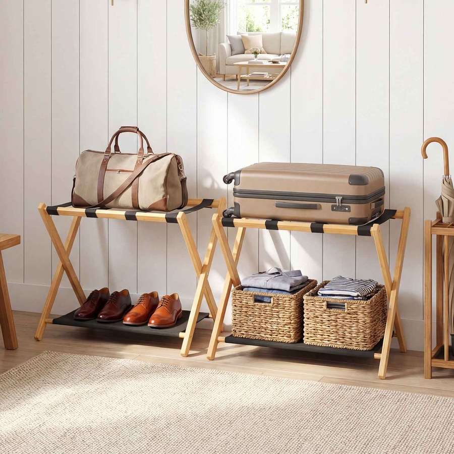 Costway Bamboo Luggage Rack Set 2x Folding Suitcase Stand Holder Nylon Strap Oxford Cloth Storage Shelf Hotel Natural