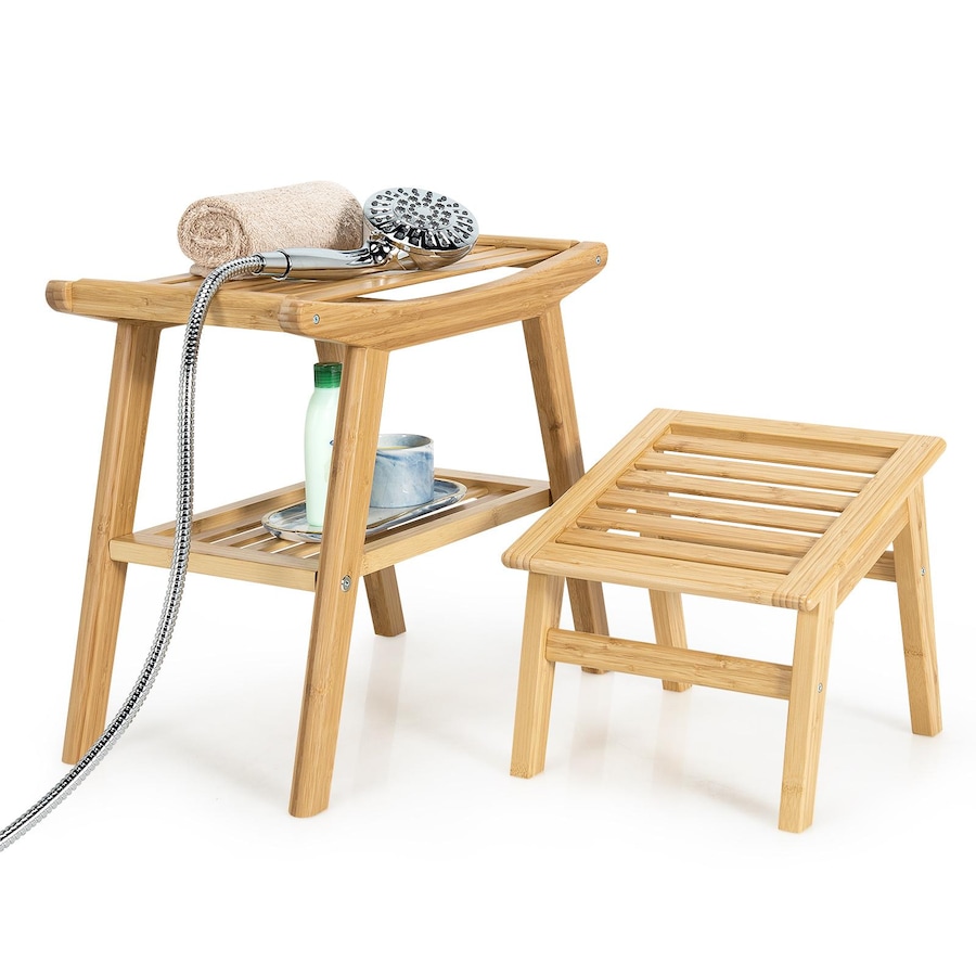 Costway Bamboo Shower Seat Chair Bench Wood Foot Stool Set w/Storage Shelf