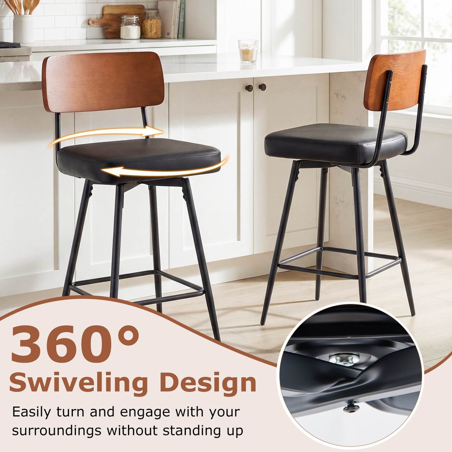 Costway Bar Stools Set of 2 Padded Barstools Swivel Counter Height Chair w/Footrest Kitchen Island Dining Room Black