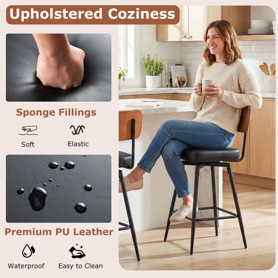 Costway Bar Stools Set of 2 Padded Barstools Swivel Counter Height Chair w/Footrest Kitchen Island Dining Room Black