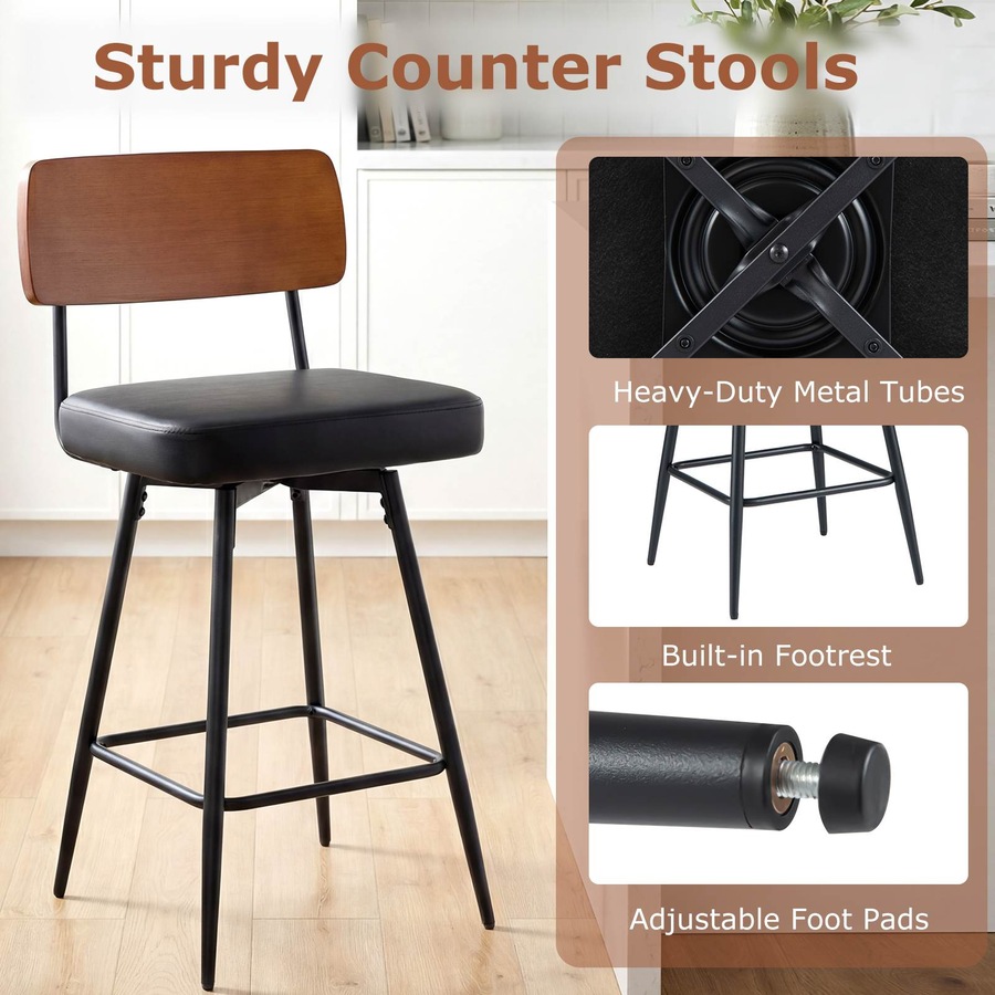 Costway Bar Stools Set of 2 Padded Barstools Swivel Counter Height Chair w/Footrest Kitchen Island Dining Room Black
