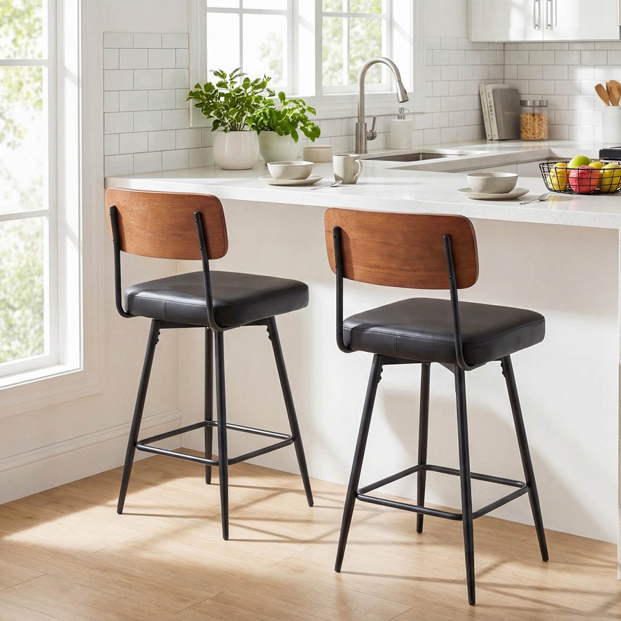 Costway Bar Stools Set of 2 Padded Barstools Swivel Counter Height Chair w/Footrest Kitchen Island Dining Room Black