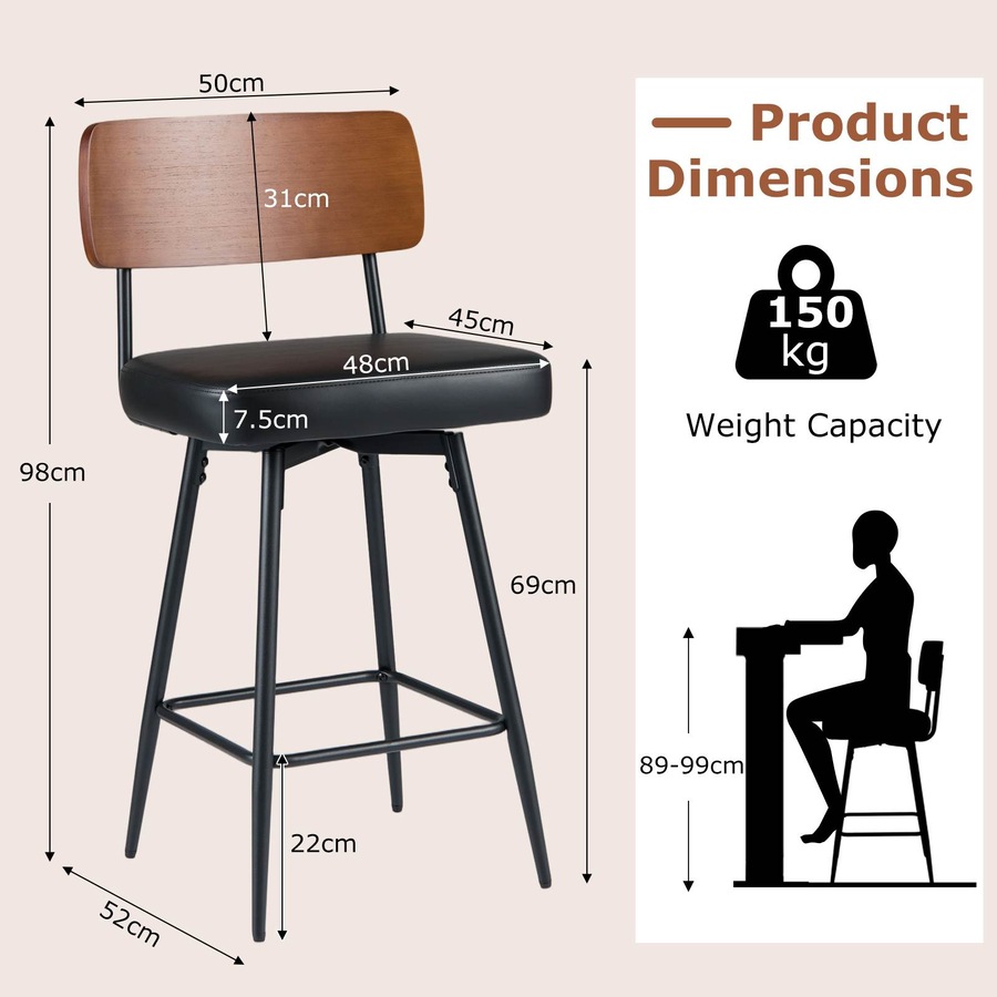 Costway Bar Stools Set of 2 Padded Barstools Swivel Counter Height Chair w/Footrest Kitchen Island Dining Room Black