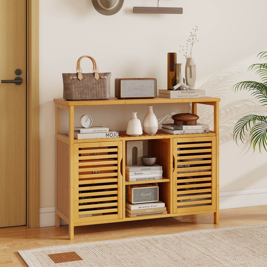 Costway Bathroom Bamboo Storage Cabinet Cupboard Sideboard Laundry Organizer Entryway Shoe Rack Shelf Hallway Table