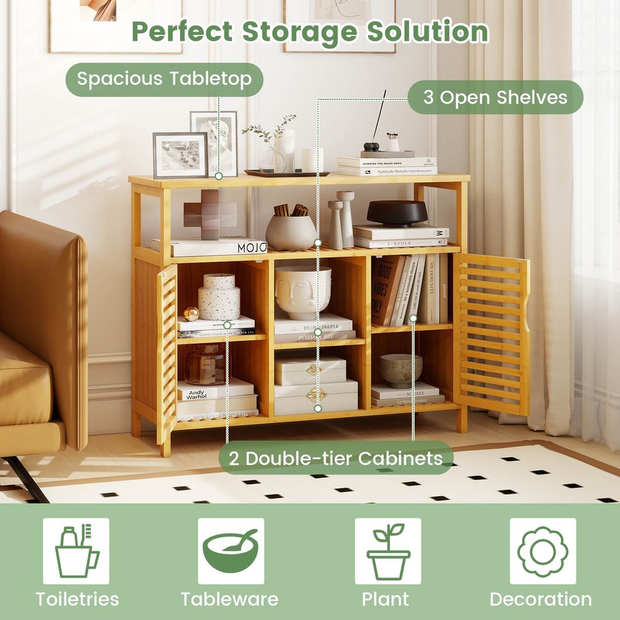 Costway Bathroom Bamboo Storage Cabinet Cupboard Sideboard Laundry Organizer Entryway Shoe Rack Shelf Hallway Table