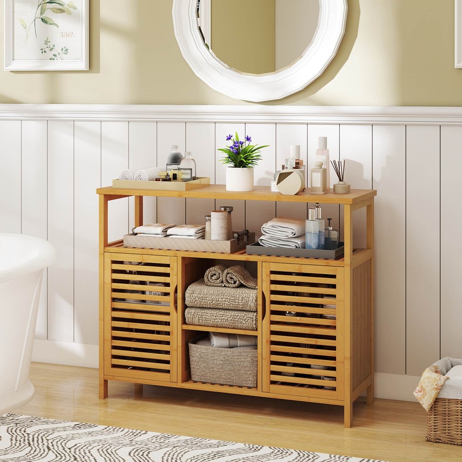 Costway Bathroom Bamboo Storage Cabinet Cupboard Sideboard Laundry Organizer Entryway Shoe Rack Shelf Hallway Table