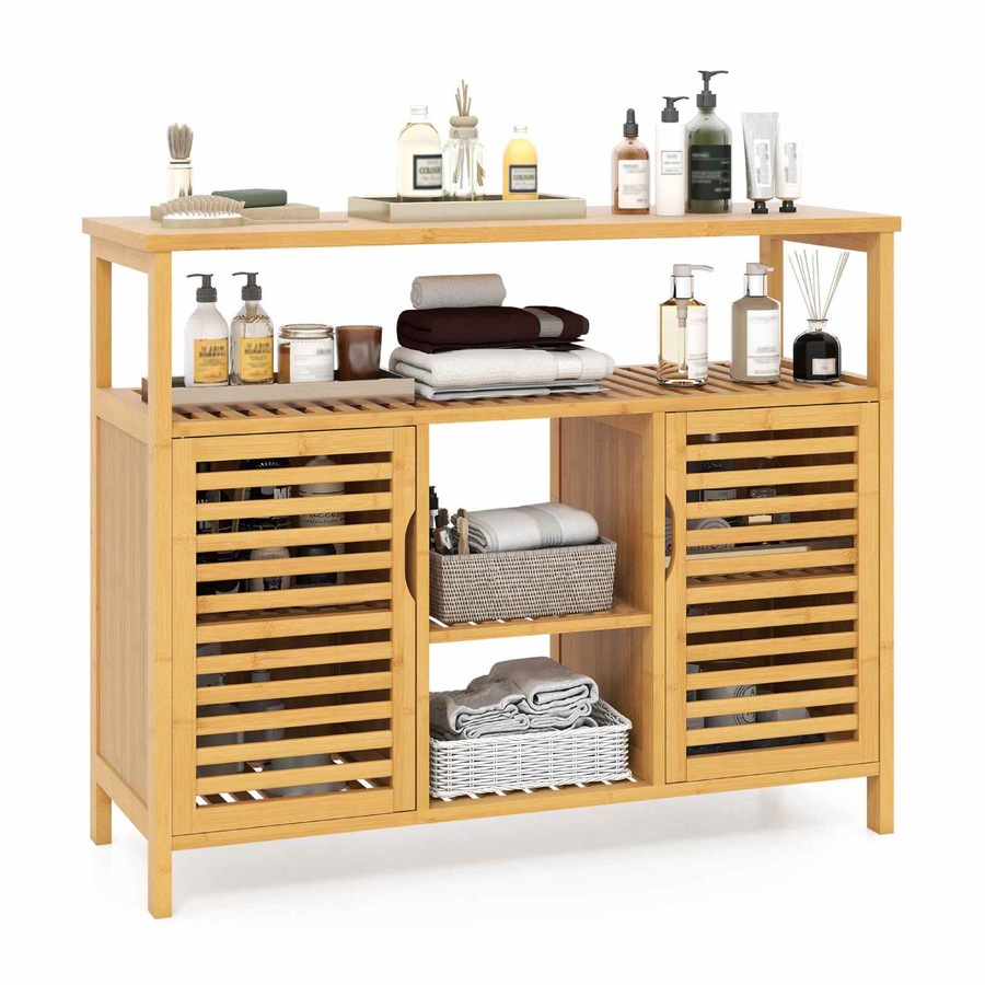 Costway Bathroom Bamboo Storage Cabinet Cupboard Sideboard Laundry Organizer Entryway Shoe Rack Shelf Hallway Table