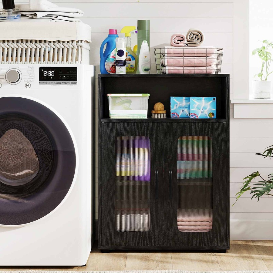 Costway Bathroom Cabinet Cupboard 2 Door Kitchen Storage Organizer Sideboard Adjustable Shelf Living Room Black