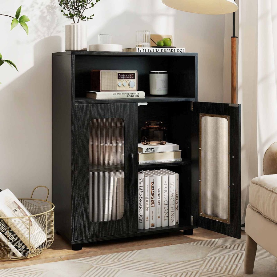 Costway Bathroom Cabinet Cupboard 2 Door Kitchen Storage Organizer Sideboard Adjustable Shelf Living Room Black