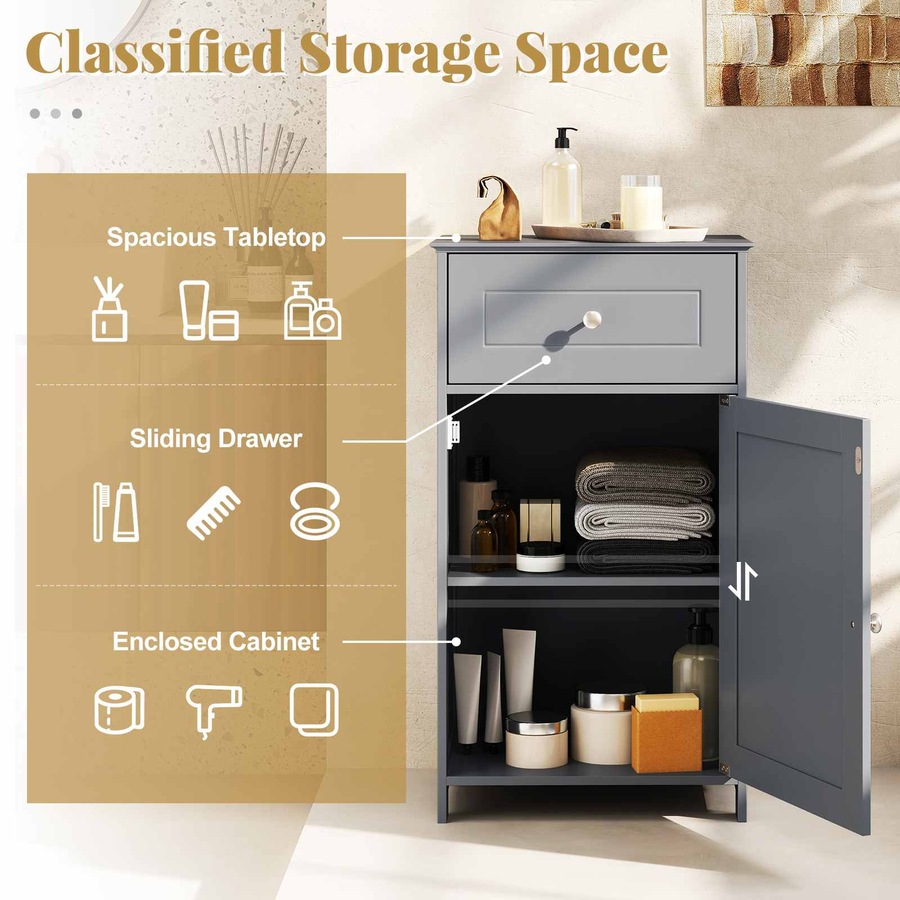 Costway Bathroom Floor Cabinet Modern Sideboard w/Adjustable Shelf Anti-tip Kit Drawer 2 Compartment Storage Organizer